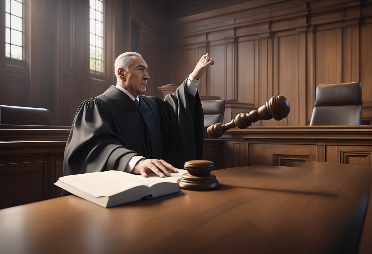 A judge slamming a gavel down in a courtroom, with a stern expression on their face